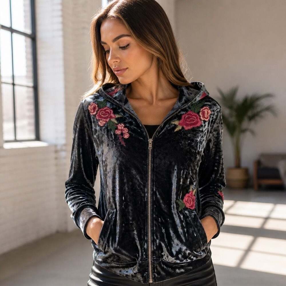 STANDARD GRACE Grey Crushed Velvet Floral Embroidered Zip Hoodie Size S